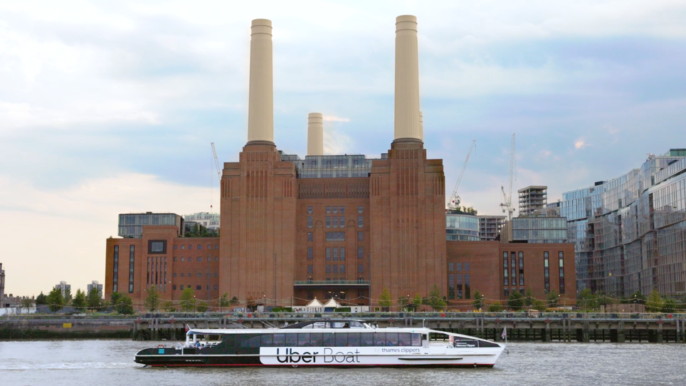 Boat in front of Battersea Power Station
